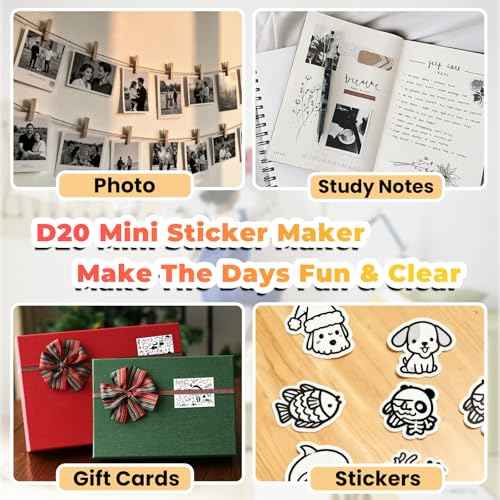 Sticker Printer Mini Print Pod, Bluetooth Thermal Sticker Maker Machine with 3 Roll Paper, D20 Portable Inkless Pocket impresora port?til Picture Label Printer for Phone DIYJournal Kids Gift