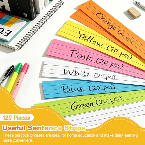 6-Color Pack of 120 Lightweight 3x23 Inch Sentence Strips for Classroom Learning
