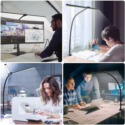 ShineTech LED Desk Lamp for Home Office, 5000K Bright Double Head Architect Task Lamps with Clamp, Dimmable Adjustable Flexible Gooseneck, Black