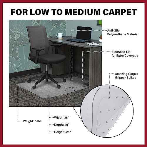 Romig Gripper Computer Office Desk Chair Mat for Carpeted Floors with Lip, Anti-Slip, Thick 2.2mm, 36 x 48 inch, Perfect for Work or Home Offices - Clear