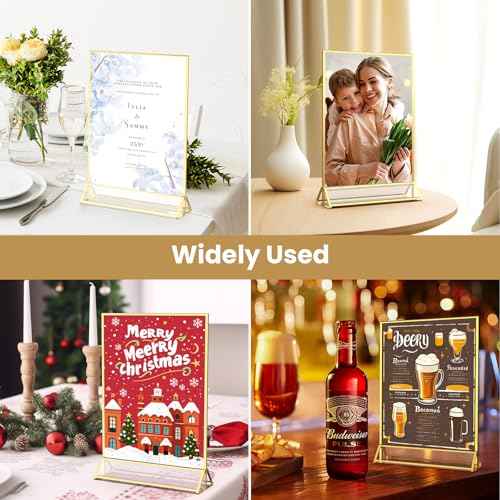 Gold Frames 5X7 Acrylic Sign Holder Double-Sided Tabletop Picture Frames for Menu, Wedding Table Number, Christmas Photos - 12 Pack With Removable Sticky Dots