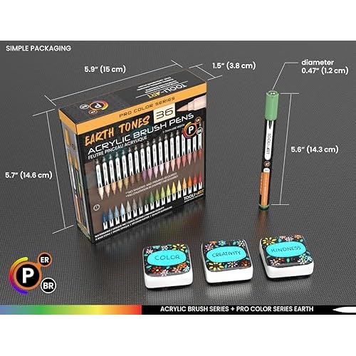 36 Flexible Brush Tip Earth Tones Acrylic Paint Pens Markers Set 1-7mm Line for Rock Painting, Brush Lettering, Glass, Mugs, Wood, Metal, Canvas, Fabric, Plastic. Non Toxic Waterbased Quick Drying