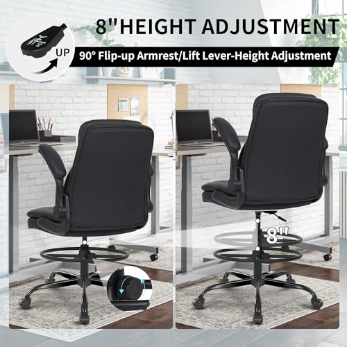 Misolant Drafting Chair, Tall Office Chair for Standing Desk, High Leather Executive Office Chair with Adjustable Height and Flip-up Armrest for Counter Height Desk