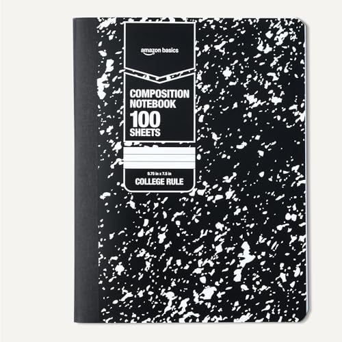 Amazon Basics College Ruled Composition Notebook - 100 Sheets, 9.75" x 7.5", Marble Black Sturdy Cover