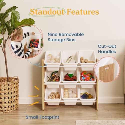 ECR4Kids 3-Tier Organizer with 9 Bins, Toy Storage, Dark Natural/White