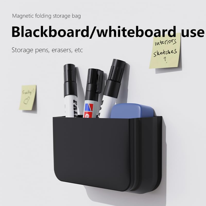 1 Pack Silicone Magnetic Pen Holder,Locker Organizer,Remote Control Holder,Foldable Design Magnetic Shelf for Pen,Marker,Remote,Strong Magnet Organizer for Fridge,Whiteboard,Locker Accessories - Black