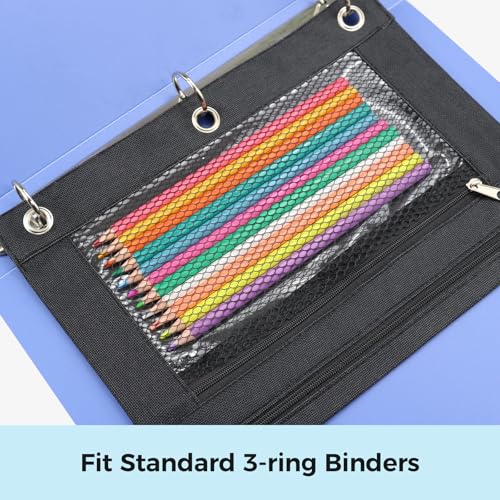 ASBEFORE Black Pencil Pouch for 3 Ring Binder with Zipper & Clear Window