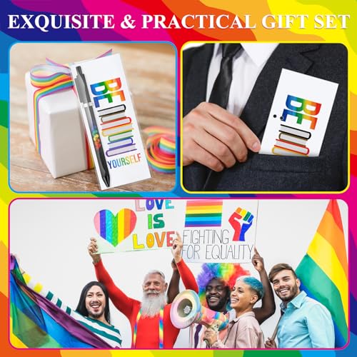 Spakon 300 Sets Rainbow Gay Pride Gift Include Retractable Writing Ballpoint Pen Paper LGBT Greeting Cards OPP Bags for Lesbian Pride Month Love Is Love Anniversaries Women Men Office Supplies