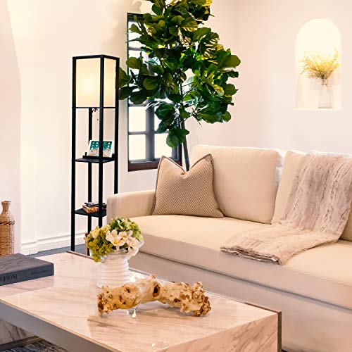 Brightech Maxwell ? Modern Shelf Floor Lamp with USB Ports, Wireless Charging & Outlet ? Versatile Corner Display and Lamp with Shelves, Storage Solution for Living Room, Office, Bedroom ? Black