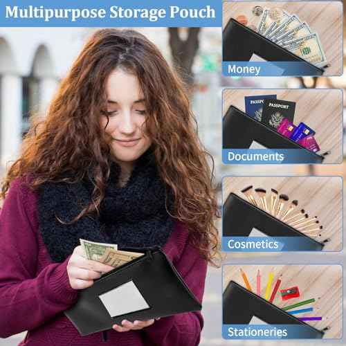 2 Pack Money Bags with Zipper, Bank Pouch with Label, 11 x 6.1 Inch PU Leather Cash Deposit Holder for Coins, Invoice, Bills, Cosmetics, Tools (Black)