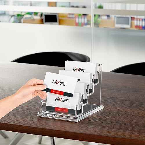 NIUBEE Clear Business Cards Holders 4 Tier Acrylic Card Holder for Business Cards, 4 Slots Business Card Display for Desk Counter, 300 Card Capacity, 1 Pack