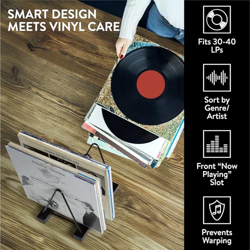 Big Fudge Vinyl Acacia Wood Record Storage - LP Holder with Scratch-Resistant Base - Album Collection Display Stand - Easy-Assemble Organizer Rack for Records - Holds 30-40 LPs