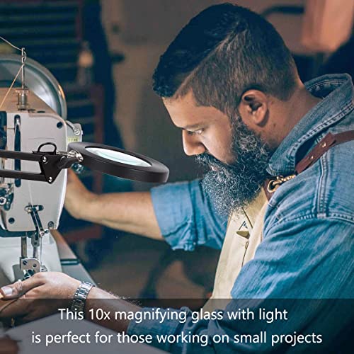 Magnifying Glass with Light and Stand, 10X Magnifying Lamp, 2-in-1 LED Lighted Desk Magnifier with Light, Craft Light Lamp with 3 Color Modes for Close Work Reading Repair Crafts