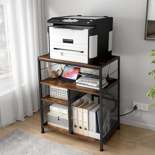 TQVAI Large Printer Stand 4 Tier Adjustable Heavy Duty 3D Printer Table with Storage & Power Outlet for Home Office Heat Press Stand, Black/Antique