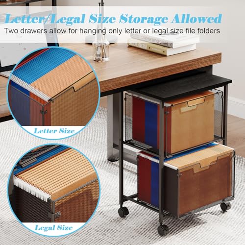 Letter/Legal Rolling File Cart with 2 Storage Drawers, Under Desk Storage, Vertical Filing Cabinet for Home Office, Hanging File Folders Organizer, Mobile Utility Cart Printer Stand, Black