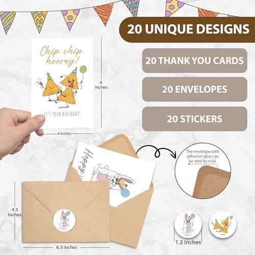 Birthday Cards with Envelopes & Stickers, Funny Assorted Happy Birthday Bulk, Cute Handmade Bday Greeting Cards for Kids, Students, Women, Friends, Family, Work & Office, 20 Unique Designs (4"x6")
