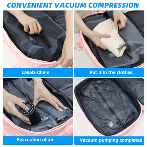 Lovvento Air Vacuum Compression Travel Backpack: Expandable Carry On Bag Vacuum with Pump Fits 17.3inch Laptop for Women and Men - Suitable for Business and Work Waterproof (Pink)