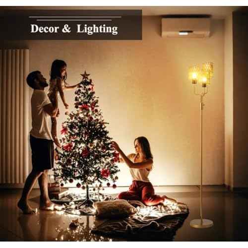 Rattan Gold Floor Lamp for Living Room, Boho Farmhouse Floor Lamps Dimmable with Elegant Wicker Shade and 3 LED Bulbs, Modern Torch Standing Lamp for Bedroom Office