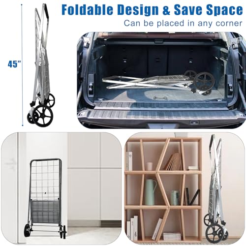 Shopping Cart for Groceries, Grocery Cart on Wheels with Encrypted Bottom & Waterproof Bag, Heavy Duty Rolling Trolley for Shopping Laundry Book Luggage, Hold Up to 300 LBS