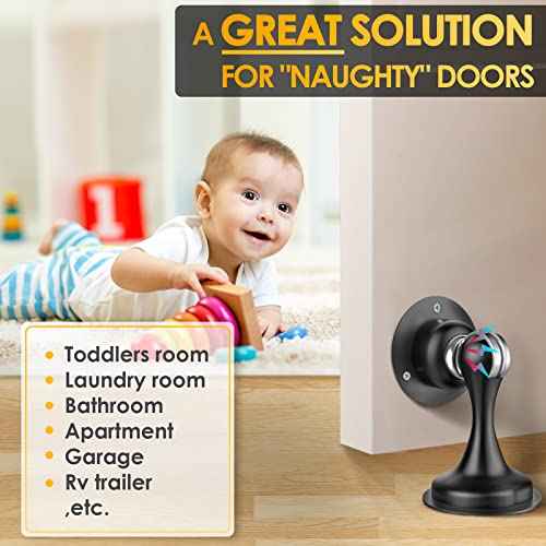Door Stoppers Magnetic Door Catch - Stainless Steel Heavy Duty Door Holder Stops for Bottom Top of Door - Wall Floor Mounting No Drill 3D Adhesive & Screws Strong Magnet Keep Door Open 4 Pack