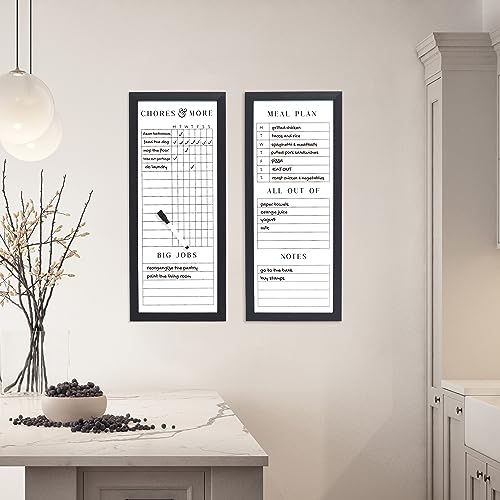 Sheffield Home Set of Two Family Planner Dry Erase Boards Featuring, Chore Chart, Shopping List, Weekly Meal Planner and Notes, 9x21 Inch, Black