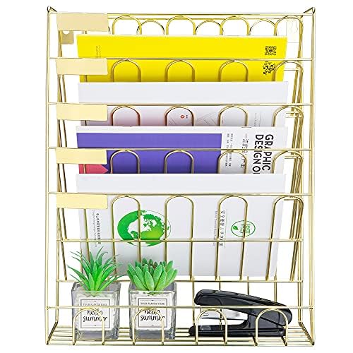 Spacrea Hanging File Holder Organizer - 6 Tier Wall Mount File Organizer for Women, Hanging Wall File for Office, School or Home, Bright Gold