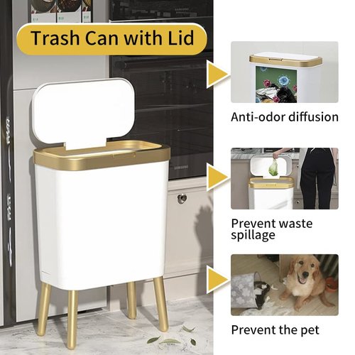 Procade Bathroom Trash Can with Lid, Plastic Garbage Can with Legs, 4 Gallon Gold Trash Bin with Push Button, Narrow White Trash Can Waste Basket for Bedroom, Living Room,Office,Dog Proof Trash Bin