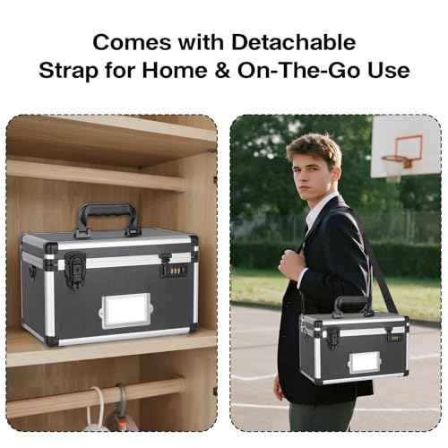 Medication Lock Box, Lockable Storage Box with Dual Locks (Combination & Padlock), Lockbox with Shoulder Strap & ID Label Slot, for Valuables and Medicine(13.4 x 7.5 x 8.3 Inch, Black)
