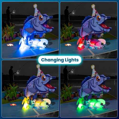 Musical Pop Up Birthday Cards for Him Her, Funny 3D Jumping Fish Singing Happy Birthday Song Greeting Card with Lights, Birthday Gifts for Men Women Kids Fisherman Friends