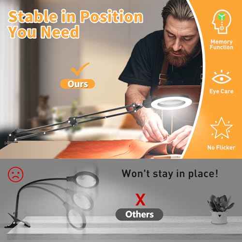 12X Magnifying Glass with Light and Stand, Infinite Color Modes & Stepless Brightness LED Magnifying Lamp with Clamp, 2-in-1 Hands Free Lighted Magnifier for Craft Reading Painting Hobby Close Work