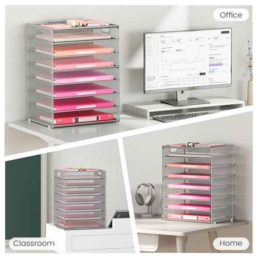 Lavatino 2 Pack 8-Tier Office Desk File Organizer, Letter Tray Paper Organizer with Handle, Including 5 Adjustable Slide Trays for Organizing Desk Workspace Accessories and Supplies (Silver Mesh)