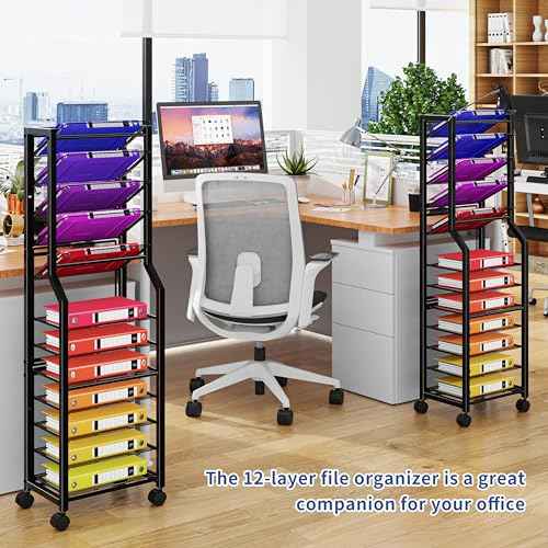 Simple Trending 12 Tier Rolling File Cart,Desk File Organizer with Sliding Trays and Wetal Mesh Paper Letter Storage Multi Functional Rolling Clutter Cart for Office, Home, School, Black