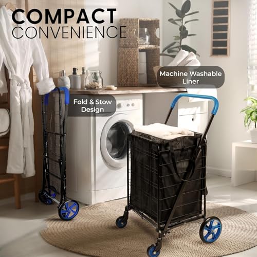 SereneLife Small Compact Folding Shopping Cart with Removable Waterproof Liner ? 360¡Æ Swivel Wheels, Rust?Proof Steel Frame, 70?lb Capacity ? Portable Grocery, Laundry & Travel Cart (Blue)