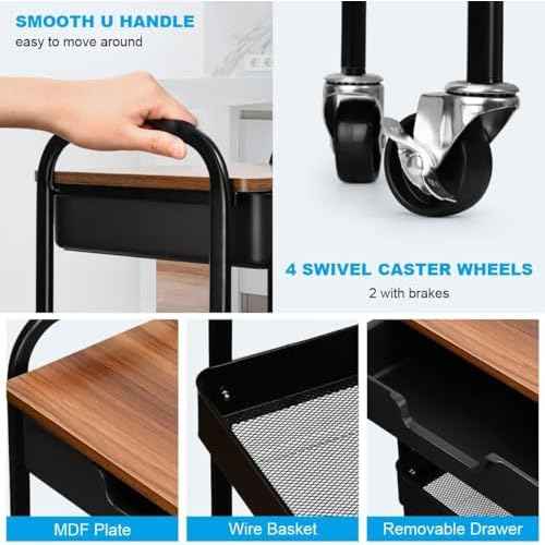 3 Tier Rolling Cart with Drawer, Metal Utility Cart on Wheels Storage Cart with Wood Top, Kitchen Cart Art Cart Organizer for Bathroom Office Balcony Living Room