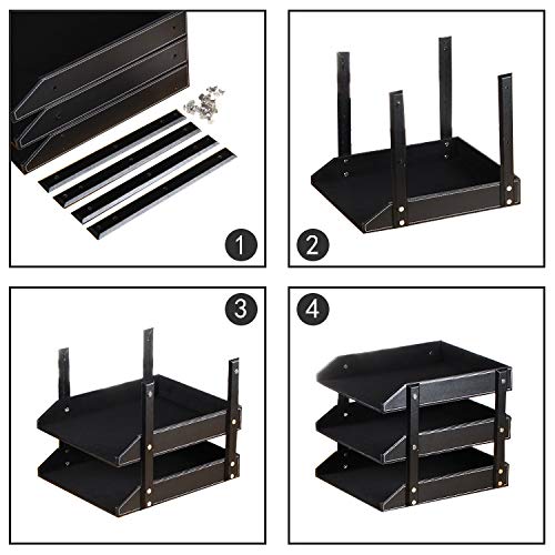 Leather File Trays for Desk Stackable,3-Tier Document Letter Tray,Office Desktop Organizers and Accessories for Folders Stationery Bills Magazine Newspaper (Black)