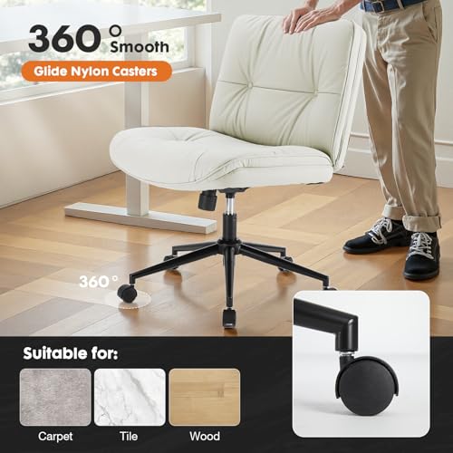 Sweetcrispy Criss Cross Chair with Wheels, Wide Seat PU Leather Armless Office Desk Vanity Chair, Comfortable Adjustable Swivel Computer Task Chairs for Bedroom, Small Space Make Up, Light Beige