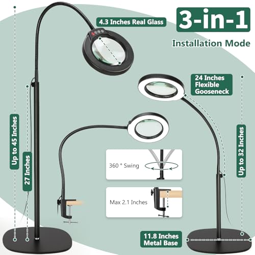 10X Magnifying Glass with Light and Stand, 24" Flexible Gooseneck 3-in-1 LED Floor Lamp, Optical-Grade Real Glass Lens, 5 Color Modes Stepless Dimmable, Lighted Magnifier Hands Free for Close Work