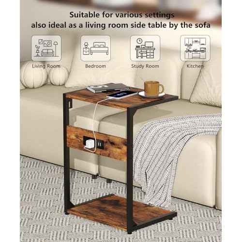 2 Tier Computer Tower Stand with Charging Station, 11.8" D x 16.5" W Rolling Floor PC Tower Stand Fits Under Desk, CPU Holder Cart for Carpet with Hooks, C Shaped End Table for Home Office