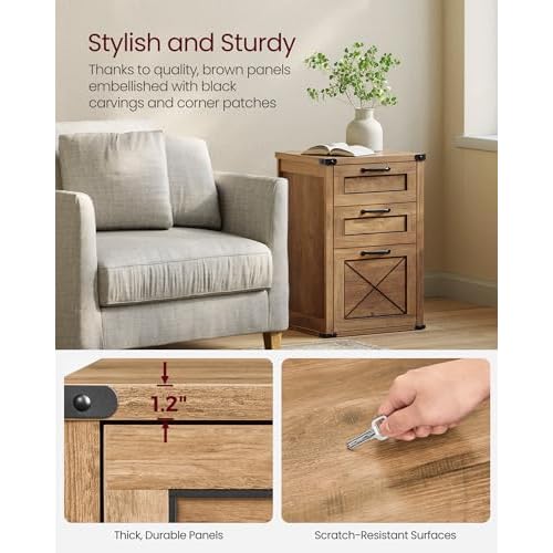 VASAGLE File Cabinet, Filing Cabinet with 3 Drawers, Printer Stand, Fit A4, Letter Size, Hanging File Folders, Modern Farmhouse Style, for Home Office, Honey Brown UOFC054T41