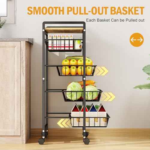 TOOLF 5-Tier Kitchen Cart with Tabletop, Rolling Snack Cart with Lockable Wheels, Fruit Vegetable Storage Basket with 4 Pack Mats, Metal Storage Rack with Pull-Out Pantry Cart for Organizer