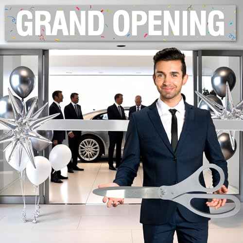 Silver Ribbon Cutting Ceremony Kit - 25 Inch Scissors for Grand Opening Satin Ribbon Silver Star Balloons and Grand Opening Banner for Inaugurations Special Events Ceremonies