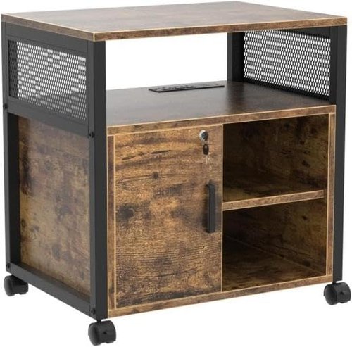 URLINE Lateral File Cabinet, Locking Office Filing Cabinets with Socket and USB Charging Port,printer cart with storage,Modern Rolling Printer Stand with Storage for Printer Scanner Fax,Brown