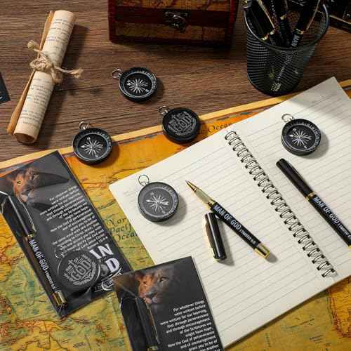 30 Sets Fathers Church Gifts Bulk Include Christian Mini Compass Man of God Compass Religious Ballpoint Pens with Gift Cards Bags for Dad Pastors Church Nautical Travel Party Favors