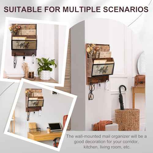 Farmhouse Mail Organizer Wall Mounted Rustic Mail Holder Hanging Key Sorter with 3 Hooks Indoor Wooden Wall Mounted, Letter, Magazines, Newspapers, Keys(Brown)