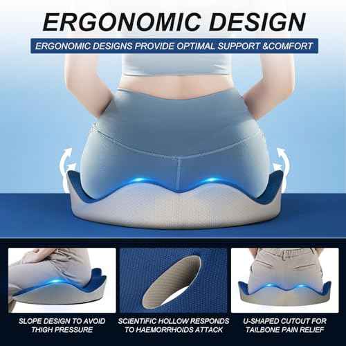 Memory Foam Seat Cushion Butt Support Pillow Office Chair Car Seat Cushion Coccyx Cushion Orthopedic Pillow Removable Cover for Tailbone and Coccyx Pain Relief (Blue, Grey)