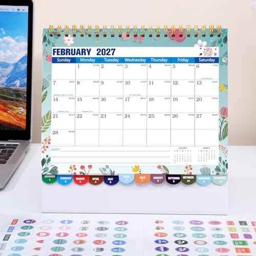 Mini Desk Calendar 2026-2027 with Stickers, 18 Months Standing Flip Small Desk Calendar 8" x 6" Runs from January Until July 2027 Mini Desktop Calendar Home Office Organisers, Flower Design