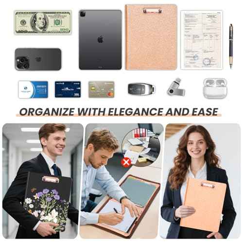Leather Padfolio Portfolio with Clipboard Storage, Removable 3 Ring Binder 1 Inch Zipper Binder, Document Organizer for Women Men with Notepad, 5 Pocket Dividers, Pen Holder, Rose Gold