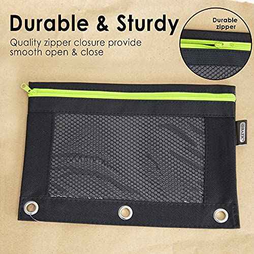 BAZIC Products Pencil Pouch 3 Ring Binder Pouch w/Rivet Enforced Rings Holes, Neon Black Color Mesh Window Zipper Pouches, 24-Pack