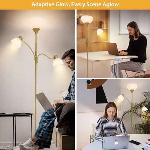 Floor Lamps for Living Room,Standing Lamp with Stepless Dimming, 3 Lights Adjustable Reading Lights, Morden Tall Lamps for Living Room, Bedroom, Office, Gold