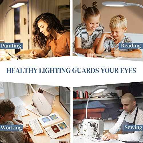 LED Reading Lamp, Eye Care Table Light Bright Enough for 700 Lumen, 10W Dimmable & 3 Color Modes, Flexible Gooseneck Touch Desk Lamp for Home Office/Reading/Work (White)